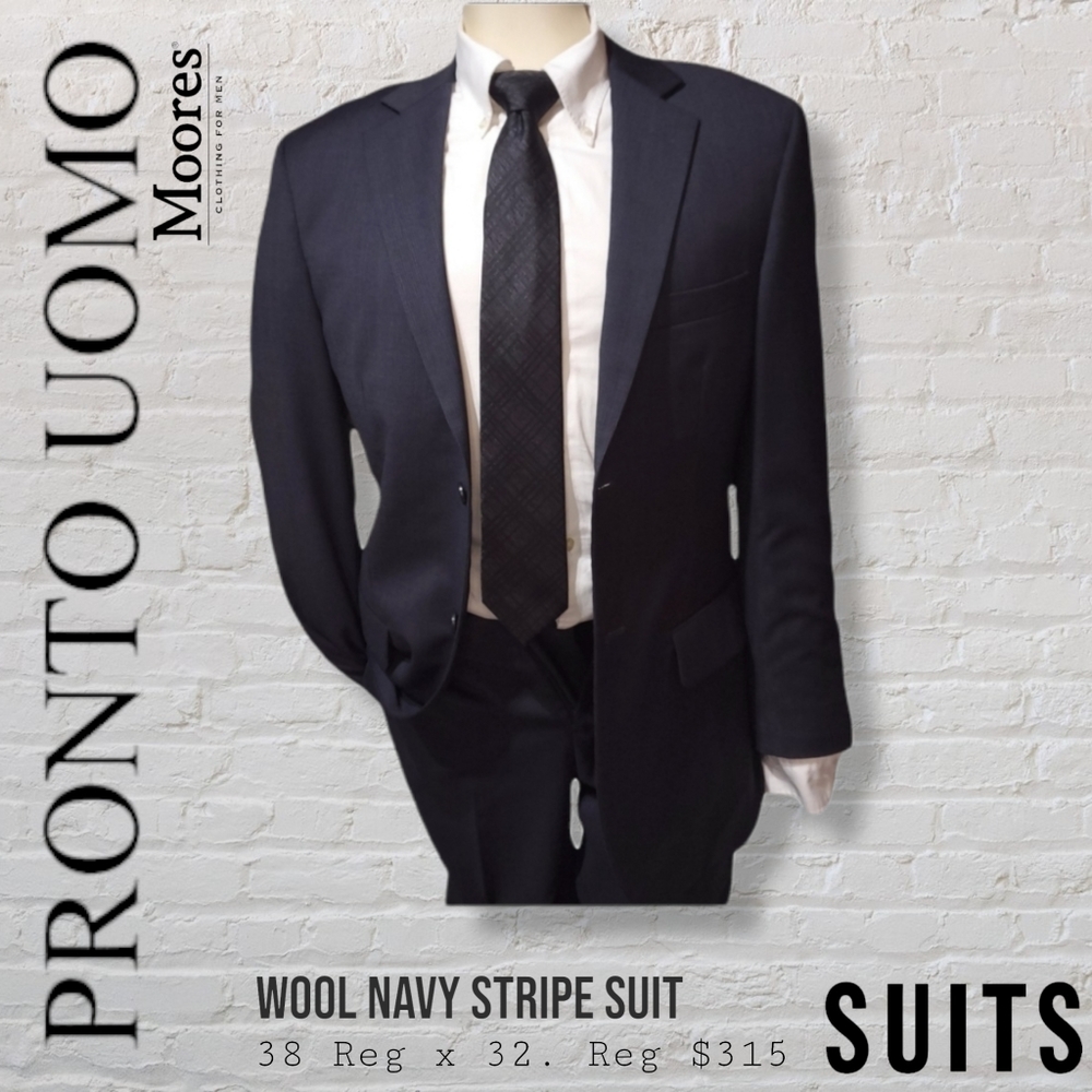 Pronto Uomo Platinum Navy Striped Wool Suit 38 Regular x 32.